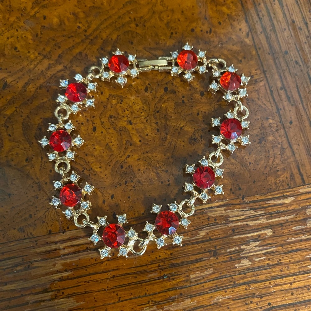 Elegant Red & Clear Crystal Gold Tone Bracelet